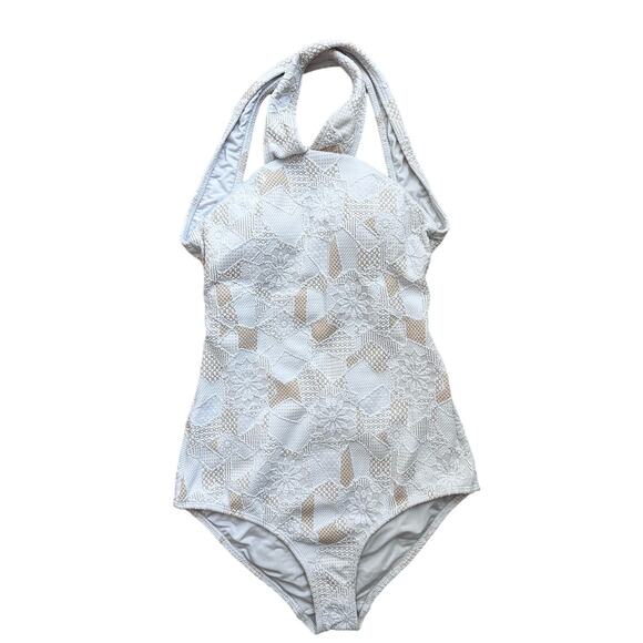 Shoshanna Swimwear | High Neck One Piece | White/Tan | NWT | SZ 8 - Picture 2 of 9
